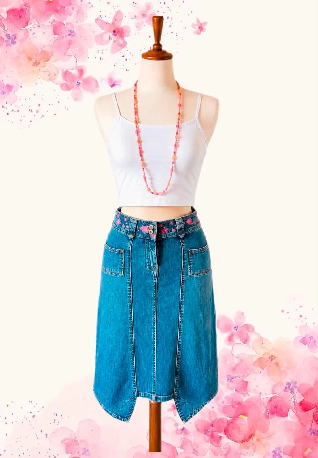 🦋Jupe en jean brodée vintage 2000 Y2K boho folk hippie cottage floral embroidery denim skirt 34/36🌸 – photo 3